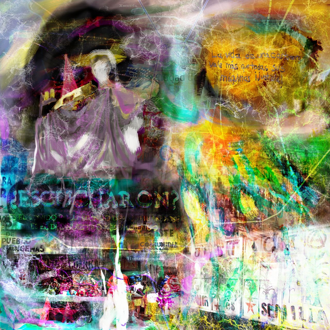 Una imágen psicodélica con diversos motivos de La Fábirca Colapsada: el "Monumento a la Costurera", una barda que dice "Justicia, Samir es Semilla", una frase de un cartel Zapatista que dice "¿Escucharon? Es el sonido de su mundo derrumbándose, es el del nuestro resurgiendo", un barda con eun grafiti que dice "La vida de una costurera vale más que todas sus máquinas" y una imágen del INPI tomado por una comunidad Otomí.